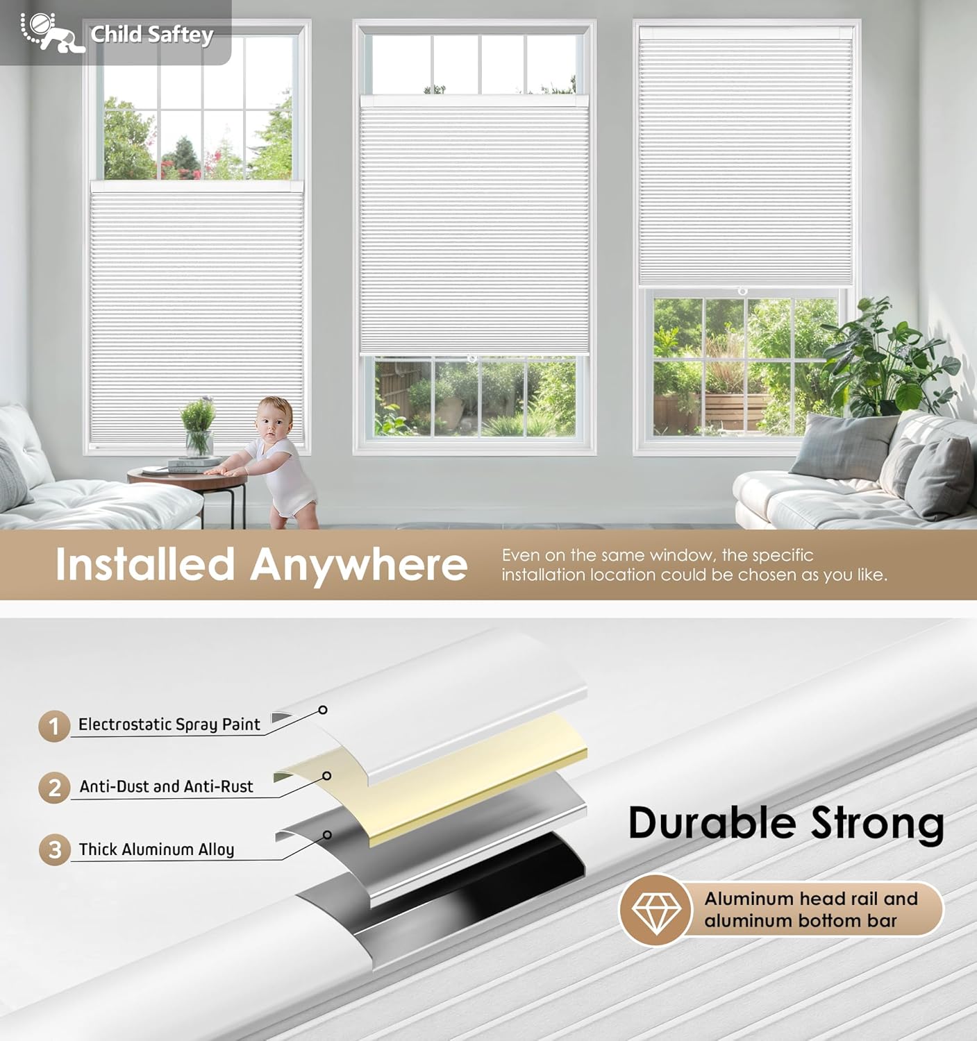 Size 36 x 48 Color White  No Tools No Drill Cordless Cellular Shades, Blackout Light Blocking Honeycomb Shades for Home, Thermal Insulation Blinds for Windows, 36 W x 48 H, White